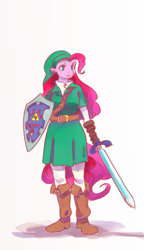 Size: 1280x2221 | Tagged: safe, artist:andretheusfelix, imported from derpibooru, pinkie pie, anthro, clothes, cosplay, costume, female, hylian shield, link, solo, the legend of zelda