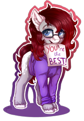 Size: 1770x2565 | Tagged: safe, artist:gaelledragons, imported from derpibooru, oc, oc only, oc:marie, earth pony, pony, blushing, clothes, commission, cute, female, fluffy, glasses, hoodie, looking at you, mare, mouth hold, note, ocbetes, sign, simple background, transparent background, unshorn fetlocks, ych result