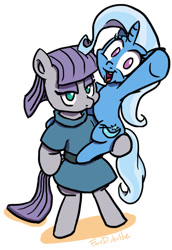 Size: 500x728 | Tagged: safe, artist:foudubulbe, imported from derpibooru, maud pie, trixie, earth pony, pony, unicorn, comic:damp rocks, bipedal, clothes, duo, female, lesbian, lidded eyes, looking at you, mare, mauxie, shipping, simple background, smiling, transparent background