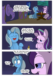 Size: 954x1350 | Tagged: safe, artist:teabucket, imported from derpibooru, starlight glimmer, trixie, comic:a great and powerful desire, bedroom eyes, comic, date, female, hearts and hooves day, kitchen eyes, lesbian, shipping, startrix