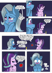 Size: 954x1350 | Tagged: safe, artist:teabucket, imported from derpibooru, starlight glimmer, trixie, comic:a great and powerful desire, apple, bedroom eyes, blushing, comic, date, female, flustered, food, hearts and hooves day, kitchen eyes, lesbian, magic, shipping, startrix, telekinesis