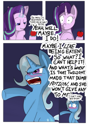 Size: 954x1350 | Tagged: safe, artist:teabucket, imported from derpibooru, starlight glimmer, trixie, comic:a great and powerful desire, apple, bedroom eyes, blushing, comic, date, female, flustered, food, hearts and hooves day, kitchen eyes, lesbian, magic, shipping, smug, startrix, telekinesis