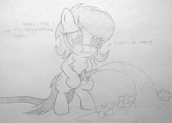 Size: 1300x933 | Tagged: artist needed, source needed, useless source url, safe, imported from derpibooru, oc, oc:anon, oc:filly anon, bipedal, crying, dialogue, female, filly, flower, grayscale, hoof hold, hose, implied twilight sparkle, monochrome, offscreen character, traditional art