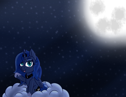 Size: 1300x1000 | Tagged: safe, artist:lazerblues, imported from derpibooru, princess luna, alicorn, pony, cloud, cutie mark, female, full moon, hooves, horn, jewelry, mare, moon, night, night sky, on a cloud, regalia, sitting, sitting on a cloud, sitting on cloud, sky, solo, stars, tiara, tongue out, waving, wings