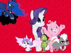 Size: 1033x767 | Tagged: safe, imported from derpibooru, princess flurry heart, princess luna, rarity, alicorn, bear, beetle, insect, pony, skunk, unicorn, baby, ben the dungbeetle, cheer bear, diaper, littlest pet shop, pepper clark, tabitha st. germain, voice actor joke