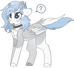 Size: 2048x1900 | Tagged: safe, artist:cinnamontee, imported from derpibooru, oc, oc only, oc:rin, pegasus, pony, chest fluff, collar, cookie, eating, female, floppy ears, food, horns, mare, mouth hold, pictogram, question mark, simple background, solo, transparent background