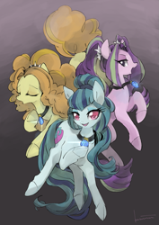 Size: 905x1280 | Tagged: safe, artist:kuzumori, imported from derpibooru, adagio dazzle, aria blaze, sonata dusk, earth pony, pony, siren, abstract background, cloven hooves, colored, commission, digital drawing, equestria girls ponified, eyes closed, fanfic art, female, floating, gem, gift art, gradient background, mare, pixiv, ponified, shading, signed, simple background, singing, siren gem, sirens doing siren things, smiling, the dazzlings, trio