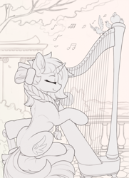 Size: 1820x2520 | Tagged: safe, artist:yakovlev-vad, imported from derpibooru, oc, oc only, pony, unicorn, bow, braid, eyes closed, female, hair bow, harp, mare, monochrome, musical instrument, sitting, smiling, solo, songbird