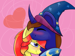 Size: 2800x2100 | Tagged: safe, artist:itssopanda, imported from derpibooru, oc, oc only, oc:jessica pedley, oc:xaldin wolfgang, pegasus, pony, unicorn, cuddling, female, hat, high res, male, straight, wizard hat