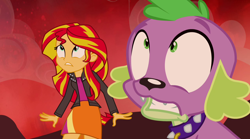 Size: 1280x714 | Tagged: safe, imported from derpibooru, screencap, spike, sunset shimmer, dog, equestria girls, rainbow rocks, female, male, spike the dog, worried