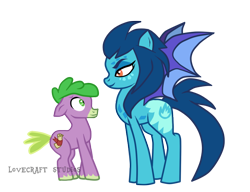 Size: 910x700 | Tagged: safe, artist:mlp-lovecraftstudios, imported from derpibooru, princess ember, spike, bat pony, earth pony, pony, colt, duo, female, height difference, male, mare, ponified, ponified ember, ponified spike, simple background, species swap, transparent background, watermark