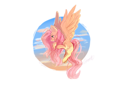 Size: 4961x3508 | Tagged: safe, artist:charubii, imported from derpibooru, fluttershy, pegasus, pony, circle, female, flying, looking away, mare, sky, smiling, solo, spread wings, wings