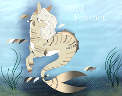 Size: 1443x1133 | Tagged: safe, artist:lunawolf28, artist:luuny-luna, imported from derpibooru, oc, oc only, oc:gold feather, merpony, female, reference sheet, solo, underwater