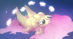 Size: 1600x866 | Tagged: safe, artist:sverre93, imported from derpibooru, fluttershy, pegasus, pony, sheep, counting sheep, cute, female, hooves to the chest, looking at something, looking up, lying down, mare, on back, shyabetes, solo