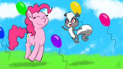 Size: 1280x720 | Tagged: safe, artist:tomazii7, imported from derpibooru, pinkie pie, earth pony, pony, skunk, animal, balloon, crossover, female, littlest pet shop, pepper clark, smiling