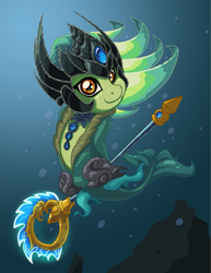 Size: 1275x1650 | Tagged: safe, artist:latecustomer, imported from derpibooru, merpony, sea pony, bubble, commission, league of legends, nami (league of legends), seaponified, solo, species swap, staff, underwater