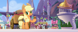 Size: 1920x804 | Tagged: safe, imported from derpibooru, screencap, applejack, sushi hooves, toadstool blossom, earth pony, pony, my little pony: the movie, background pony, butt, canterlot, cart, cider, cup, cute, female, friendship festival, hoof hold, male, mare, market, mug, plot, solo focus, stallion, tankard, unnamed character, unnamed pony