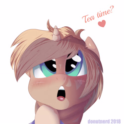 Size: 2286x2286 | Tagged: safe, artist:donutnerd, imported from derpibooru, oc, oc only, oc:chai, pony, blue eyes, blushing, brown, clothes, excited, female, food, looking up, mare, markings, offscreen character, perspective, pov, shirt, solo, tea, tea time, time