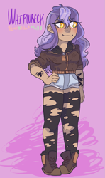 Size: 1137x1920 | Tagged: safe, artist:peachhzilla, imported from derpibooru, oc, oc only, oc:whipwreck, human, fallout equestria, blushing, boots, clothes, fallout, female, humanized, humanized oc, purple background, shoes, shorts, simple background, solo, tattoo, torn clothes