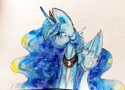 Size: 2560x1832 | Tagged: safe, artist:zefirka, imported from derpibooru, princess luna, alicorn, pony, female, mare, profile, simple background, solo, traditional art, watercolor painting, white background, wings