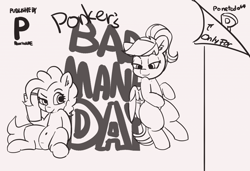 Size: 1280x877 | Tagged: safe, artist:pabbley, imported from derpibooru, pinkie pie, rainbow dash, earth pony, pegasus, pony, belly button, bipedal, bipedal leaning, conker's bad fur day, duo, female, leaning, mare, monochrome, nintendo 64, ponified, pubic mound