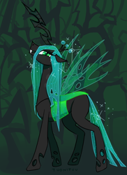 Size: 800x1100 | Tagged: safe, artist:tuonipuu, imported from derpibooru, queen chrysalis, changeling, changeling queen, fangs, female, looking at you, profile, smiling, solo, spread wings, wings