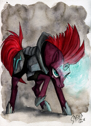 Size: 2455x3403 | Tagged: safe, artist:korppipoika, artist:susikukka, imported from derpibooru, tempest shadow, pony, unicorn, my little pony: the movie, armor, broken horn, eye scar, female, glowing horn, mare, raised hoof, scar, solo, traditional art, watercolor painting