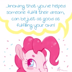 Size: 6300x6300 | Tagged: safe, artist:angstfish, deleted from derpibooru, imported from derpibooru, pinkie pie, earth pony, pony, absurd resolution, blush sticker, blushing, dialogue, female, friendship lesson, heart eyes, mare, motivational, one eye closed, positive ponies, smiling, solo, wingding eyes, wink