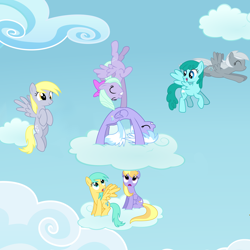 Size: 8500x8500 | Tagged: safe, artist:mundschenk85, imported from derpibooru, cloud kicker, cloudchaser, derpy hooves, flitter, silverspeed, spring melody, sprinkle medley, sunshower raindrops, pegasus, pony, ^^, absurd resolution, adoraspeed, backbend, cloud, cute, cutechaser, derpabetes, eyes closed, female, flexible, flitterbetes, flying, gasp, gaspkicker, kickerbetes, mare, raindropbetes, show accurate, sky, smiling, spread wings, sprinklebetes, sunshower gaspdrops, watching, wings