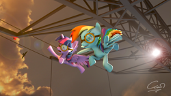 Size: 7680x4320 | Tagged: safe, artist:calveen, imported from derpibooru, rainbow dash, twilight sparkle, alicorn, bird, 3d, absurd resolution, cloud, daredevil, evening, falling, female, flying, freefall, goggles, lens flare, plane, scared, sky, smiling, source filmmaker, transmission line, twilight sparkle (alicorn), vertigo, wallpaper, wires