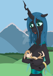 Size: 1024x1458 | Tagged: safe, artist:jokokenguru, imported from derpibooru, queen chrysalis, oc, changeling, changeling queen, kangaroo, semi-anthro, child, cute, cutealis, deviantart watermark, digital art, duo, eye contact, family, female, looking at each other, male, mommy chrissy, mother and child, non-pony oc, obtrusive watermark, ocbetes, watermark, wings