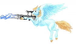 Size: 1280x744 | Tagged: safe, imported from derpibooru, oc, oc:ever way, pegasus, pony, fallout equestria, fallout equestria: vivat littlepip, blue fur, fanfic, fanfic art, gun, horn, mutant, pegasus oc, real, simple background, weapon, white background