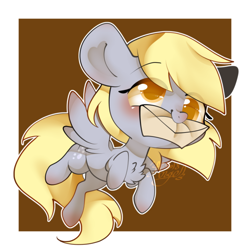 Size: 800x800 | Tagged: safe, artist:snow angel, imported from derpibooru, derpy hooves, pegasus, pony, blushing, chest fluff, chibi, colored pupils, cute, derpabetes, eye clipping through hair, female, letter, mail, mailmare, mouth hold, solo, wings