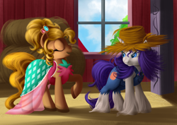 Size: 4092x2893 | Tagged: safe, artist:ailatf, imported from derpibooru, applejack, rarity, earth pony, pony, unicorn, simple ways, absurd resolution, applejewel, barn, clothes, dress, duo, eyes closed, female, hat, looking back, mare, overalls, rarihick, scene interpretation, smiling, straw hat, unshorn fetlocks