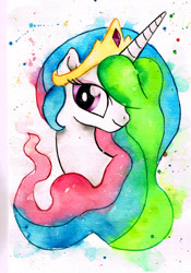 Size: 2409x3437 | Tagged: safe, artist:mashiromiku, artist:shiinadrawmiku, imported from derpibooru, princess celestia, alicorn, pony, bust, cute, cutelestia, female, portrait, smiling, solo, traditional art, watercolor painting