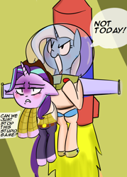 Size: 1000x1400 | Tagged: safe, artist:zouyugi, imported from derpibooru, starlight glimmer, trixie, pony, unicorn, buzz lightyear, clothes, crossover, female, horn, mare, rocket, toy interpretation, toy story, trixie's rocket, woody