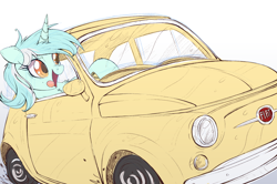 Size: 1000x665 | Tagged: safe, artist:ncmares, imported from derpibooru, lyra heartstrings, pony, unicorn, behaving like a dog, car, commission, driving, female, fiat, fiat 500, headlights, mare, open mouth, silly, silly pony, simple background, sketch, solo, this will end in a speeding ticket, tongue out, vehicle, wheel, white background