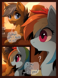 Size: 829x1100 | Tagged: dead source, safe, artist:hioshiru, imported from derpibooru, quibble pants, rainbow dash, earth pony, pegasus, pony, comic:tale road, bendy straw, cheek fluff, chest fluff, coffee, comic, cute, dialogue, drinking straw, duo, ear fluff, eyelashes, eyes closed, female, fluffy, happy, male, mare, open mouth, question mark, quibbledash, shipping, shrunken pupils, smiling, speech bubble, stallion, straight, surprised, train, wide eyes