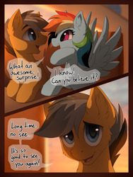 Size: 829x1100 | Tagged: dead source, safe, artist:hioshiru, imported from derpibooru, quibble pants, rainbow dash, earth pony, pegasus, pony, comic:tale road, blurred background, blurry background, blushing, cheek fluff, chest fluff, comic, cute, duo, ear fluff, eye contact, eyelashes, female, fluffy, looking at each other, male, mare, open mouth, quibbledash, raised hoof, shipping, smiling, spread wings, stallion, straight, train, wings