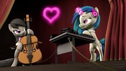 Size: 1920x1080 | Tagged: safe, artist:jachau, imported from derpibooru, dj pon-3, octavia melody, vinyl scratch, earth pony, pony, unicorn, 3d, bow (instrument), cello, cello bow, female, glowing horn, headphones, heart, lesbian, looking at each other, magic, mare, musical instrument, necktie, scratchtavia, shipping, smiling, source filmmaker, stage