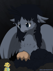 Size: 2600x3500 | Tagged: safe, artist:rockfannel, imported from derpibooru, oc, oc only, bird, classical hippogriff, hippogriff, black background, macro, sad, simple background, size difference, solo