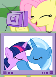 Size: 600x822 | Tagged: safe, artist:themexicanpunisher, imported from derpibooru, fluttershy, trixie, twilight sparkle, exploitable meme, female, lesbian, meme, obligatory pony, shipping, tv meme, twixie