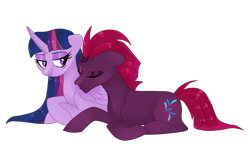 Size: 2372x1370 | Tagged: safe, artist:chroniqlo, imported from derpibooru, tempest shadow, twilight sparkle, alicorn, pony, unicorn, my little pony: the movie, broken horn, duo, eye scar, eyes closed, female, lesbian, nuzzling, prone, scar, shipping, simple background, tempestlight, transparent background, twilight sparkle (alicorn)