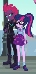 Size: 1448x2976 | Tagged: safe, artist:mohawgo, artist:seahawk270, artist:themexicanpunisher, artist:verumtee, imported from derpibooru, sci-twi, tempest shadow, twilight sparkle, equestria girls, equestria girls series, my little pony: the movie, canterlot city, cutie mark on clothes, equestria girls-ified, eye scar, female, geode of telekinesis, height difference, lesbian, magical geodes, scar, sci-tempestlight, shipping, tempestlight