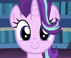 Size: 660x538 | Tagged: safe, imported from derpibooru, screencap, starlight glimmer, pony, unicorn, uncommon bond, blue eyes, cute, female, glimmerbetes, hair flip, hair over one eye, horn, looking at you, mare, smiling, solo