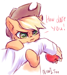 Size: 806x901 | Tagged: safe, artist:inowiseei, imported from derpibooru, applejack, earth pony, human, pony, :3, angry, apple, applecat, arm, behaving like a cat, bipedal, biting, cowboy hat, cute, dialogue, disembodied arm, disembodied hand, ear fluff, ear tufts, featured image, female, food, glare, hand, hat, hug, jackabetes, looking at you, madorable, mare, missing freckles, nom, offscreen character, silly, silly pony, simple background, solo focus, sweet dreams fuel, text, that pony sure does love apples, white background, who's a silly pony