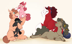 Size: 1280x795 | Tagged: safe, artist:vindhov, imported from derpibooru, oc, oc:charcoal, oc:parfait, oc:perfectly peachy pie, oc:red velvet, oc:sulphur pie, earth pony, pony, unicorn, bald face, blaze (coat marking), coat markings, facial markings, family, female, filly, foal, mare, offspring, parent:pinkie pie, parent:trouble shoes, parent:troubleshoes clyde, parents:trouble pie, pregnant, siblings, sisters, socks (coat marking), socks (coat markings)