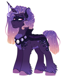 Size: 800x955 | Tagged: safe, artist:lopoddity, deleted from derpibooru, imported from derpibooru, oc, oc:aries, pony, unicorn, my little pony: the movie, chest fluff, colored hooves, commission, ethereal mane, horn jewelry, jewelry, magical lesbian spawn, male, offspring, parent:princess luna, parent:tempest shadow, parents:tempestluna, simple background, solo, stallion, starry mane, unshorn fetlocks, white background