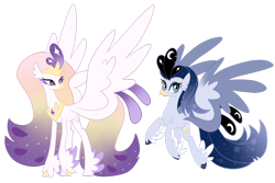 Size: 1024x683 | Tagged: safe, artist:theroyalartofna, imported from derpibooru, oc, oc only, classical hippogriff, hippogriff, hybrid, my little pony: the movie, cousins, duo, feathered fetlocks, female, interspecies offspring, magical lesbian spawn, offspring, parent:princess celestia, parent:princess luna, parent:princess skystar, parent:queen novo, parents:lustar, parents:novolestia, simple background, transparent background