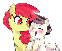 Size: 2277x1895 | Tagged: safe, artist:theroyalartofna, imported from derpibooru, apple bloom, oc, oc:pidge shimmer, duo, female, male, mother and son, offspring, parent:apple bloom, parent:featherweight, parents:featherbloom